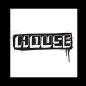 White background with block captial text reading HOUSE in black with white shadowing. Text background looks paint splattered and has paint runs.